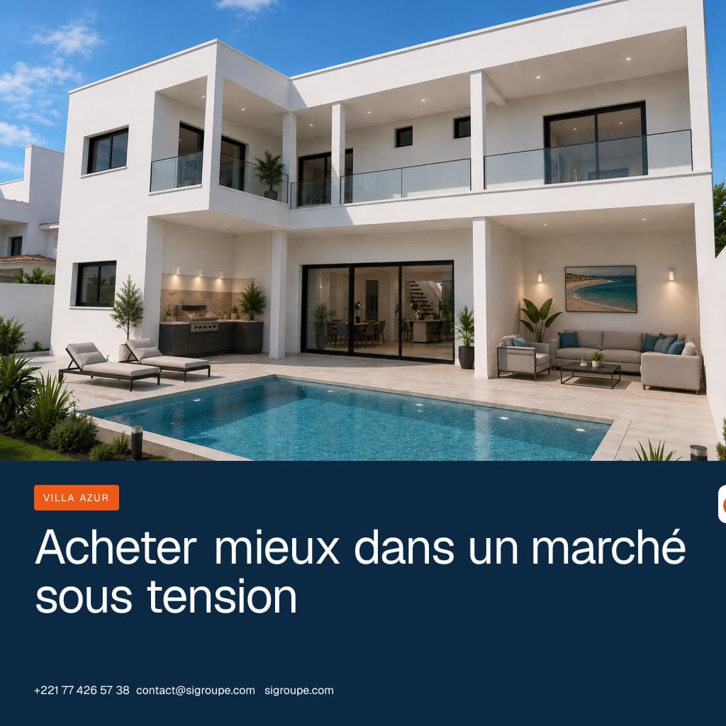 Quartier résidentiel sénégalais mêlant logements construits et chantiers urbains
